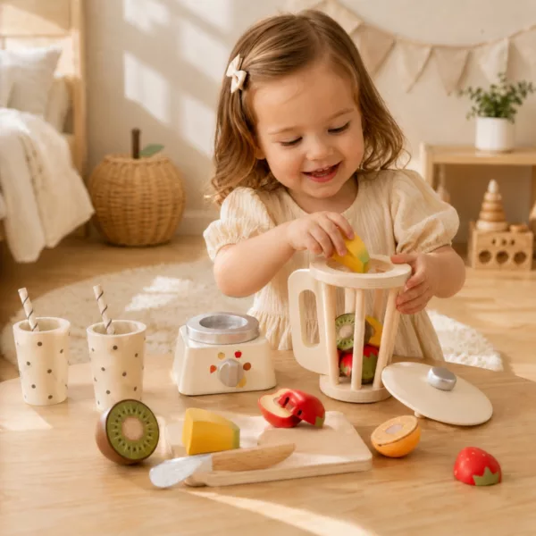 Момиче приготвя смути с дървен шейкър New Classic Toys и плодове 3+