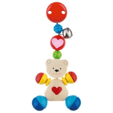 Дървена бебешка играчка за количка Мече с клипс-bellamiestore