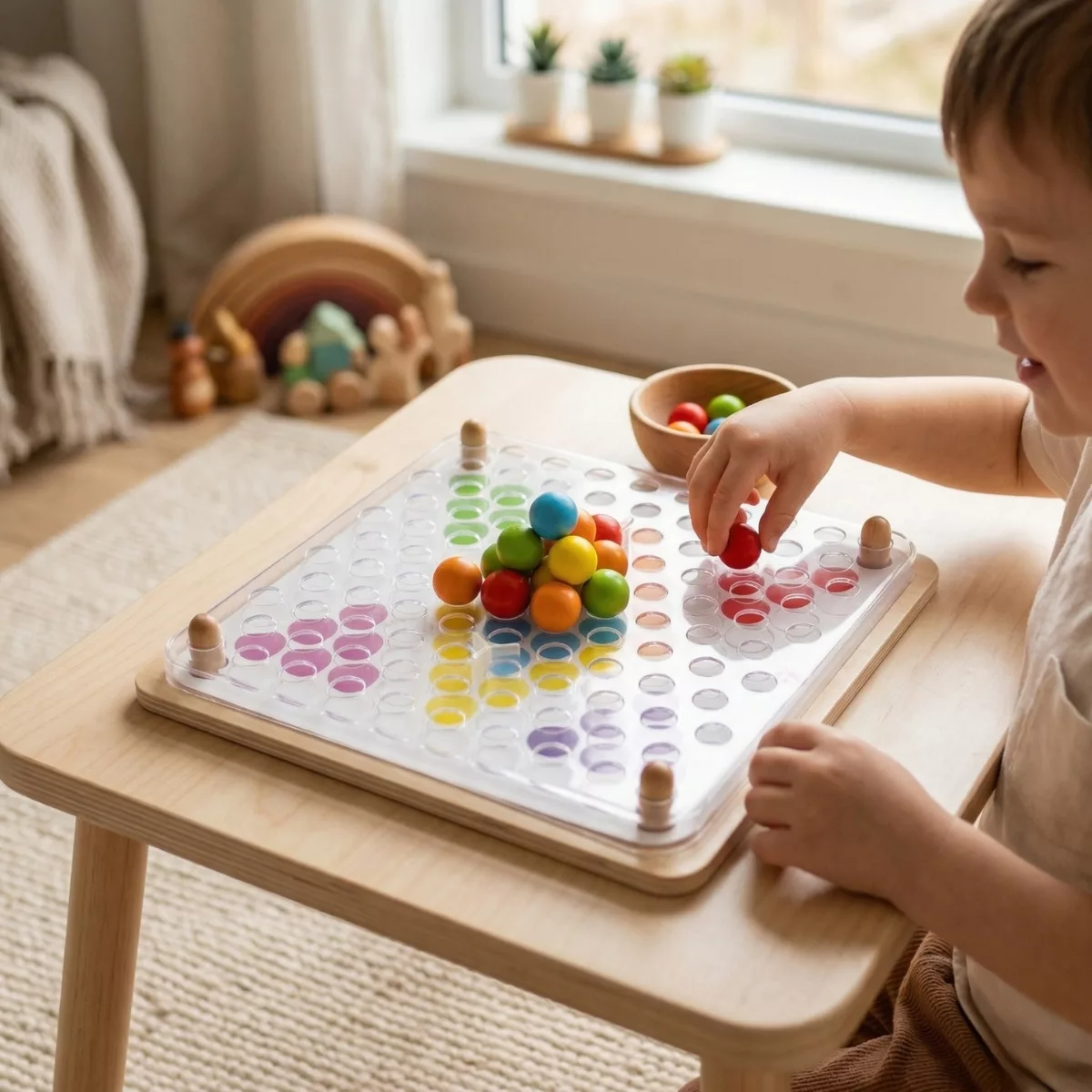 Детска мозайка с топчета дървена образователна игра с цветни топки за деца 3+