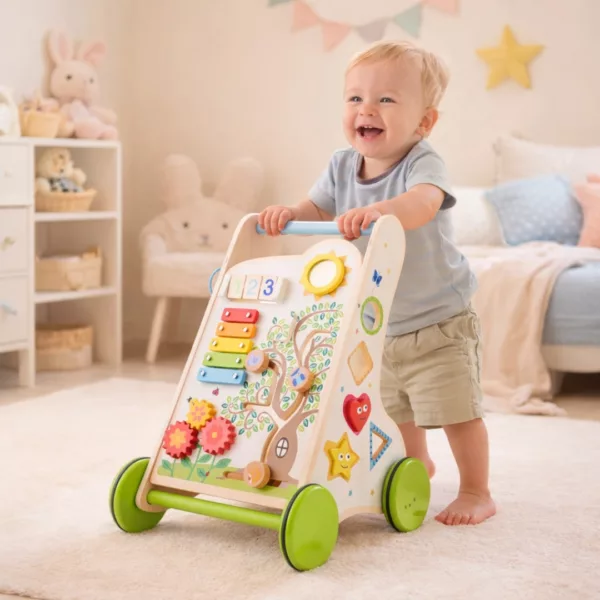 Дървена проходилка с активности за прохождащи бебета от естествено дърво 12м+