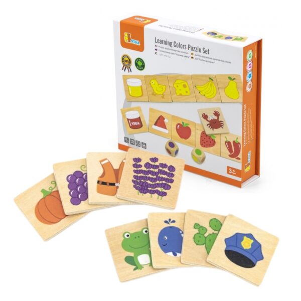 Образователна игра и пъзел с цветове от Viga Toys – дървени плочки с цветни предмети и бурканчета с боя