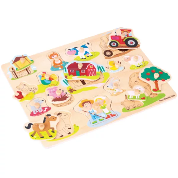 Дървен пъзел Голямата ферма New Classic Toys с цветни животни и удобни дръжки