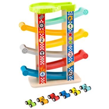 Цветна дървена писта с шест колички за игра-bellamiestore