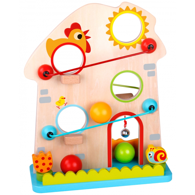 Дървен цветен ролбан с топки Кокошка от Tooky toy-bellamiestore