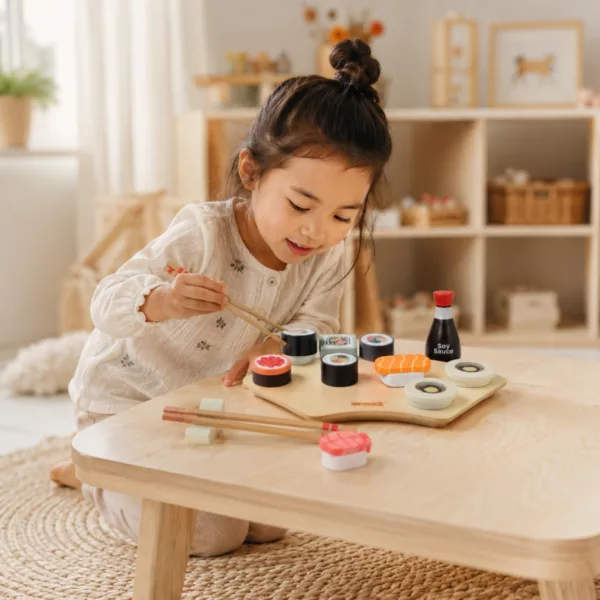 Момиче играе с дървен суши комплект с пръчици и соев сос от New Classic Toys