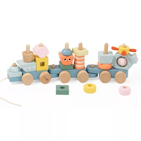 Дървено влакче за дърпане с морски блокчета и пастелни цветове от дърво за деца 1+
