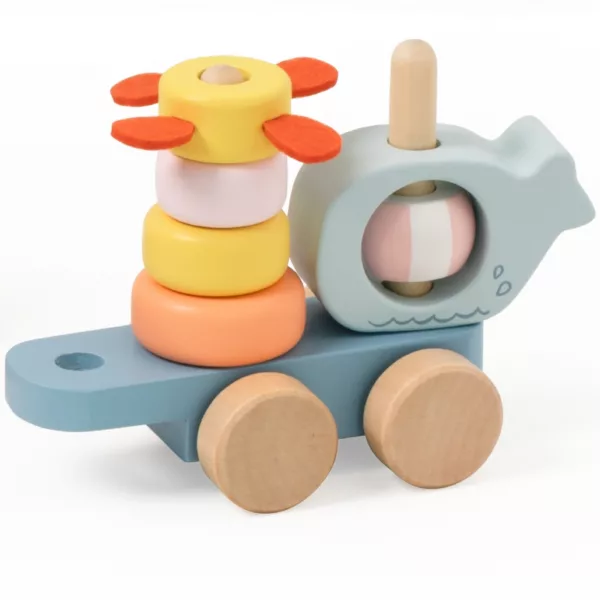 Дървено влакче с рингове за нанизване и морски дизайн в пастелни цветове за деца 1+