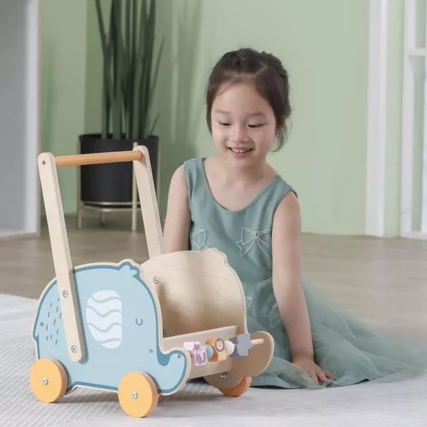 Дървена количка и проходилка Слонче Polar B - детска играчка с форма на слонче от естествено дърво в син цвят с място за играчки