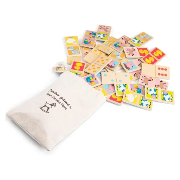 Детско дървено домино с животни и точки от New classic toys- торбичка за съхранение на частите
