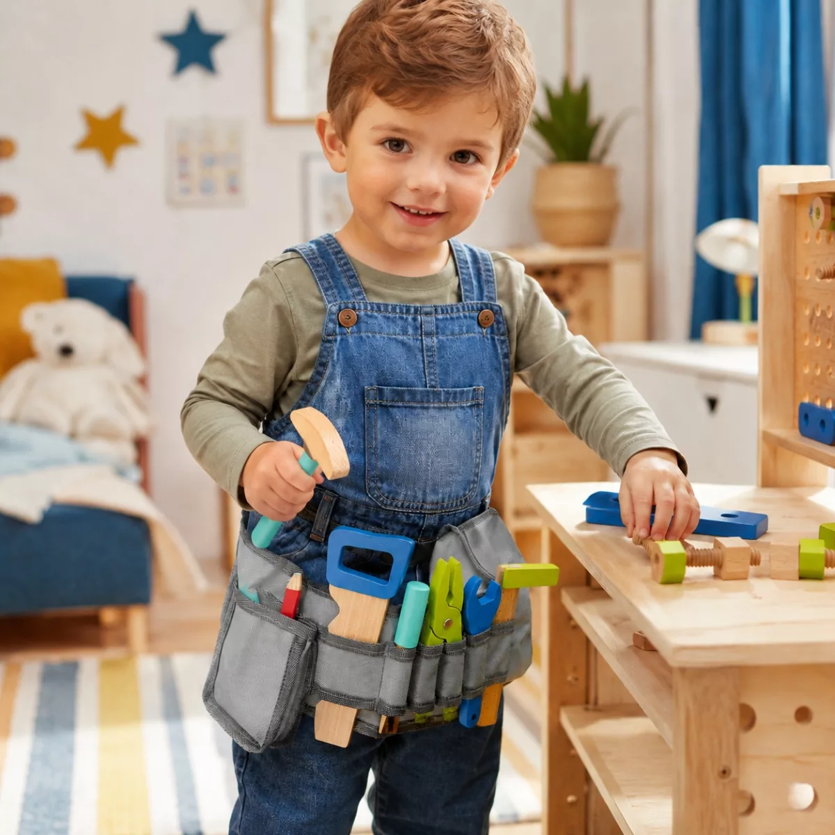 Момче играе с колан с инструменти за деца New Classic Toys в детска стая 3+