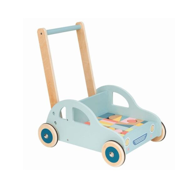 Дървена проходилка с форма на кола в синьо и дървен елемент – Lelin Toys