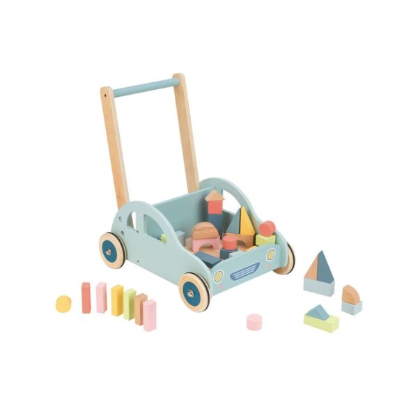 Проходилка с дървени блокчета, разпръснати около количката – Lelin