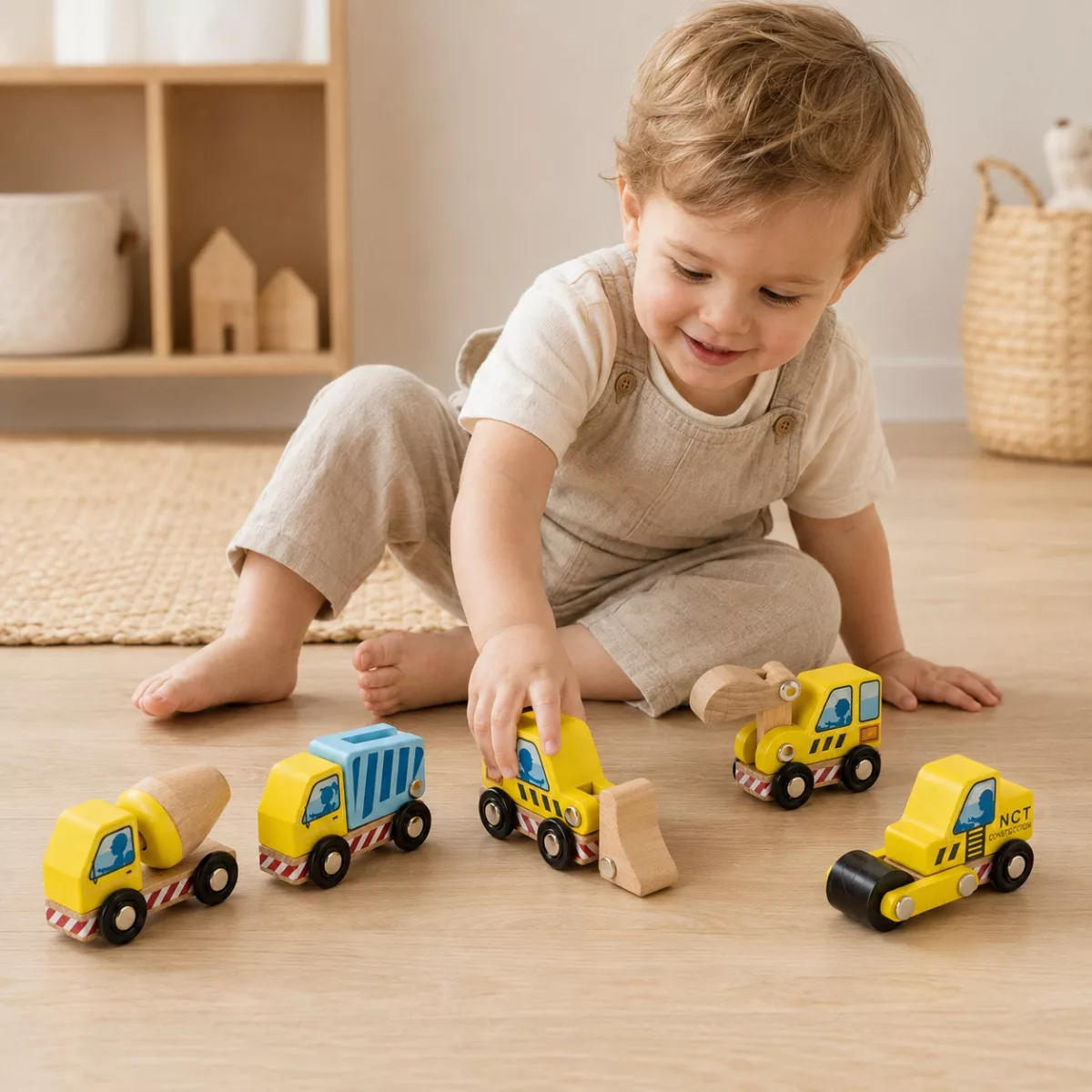Дете играе с дървени строителни машини New Classic Toys от 18 месеца