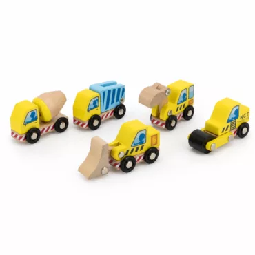 Пет дървени строителни машини New Classic Toys в жълт и син цвят