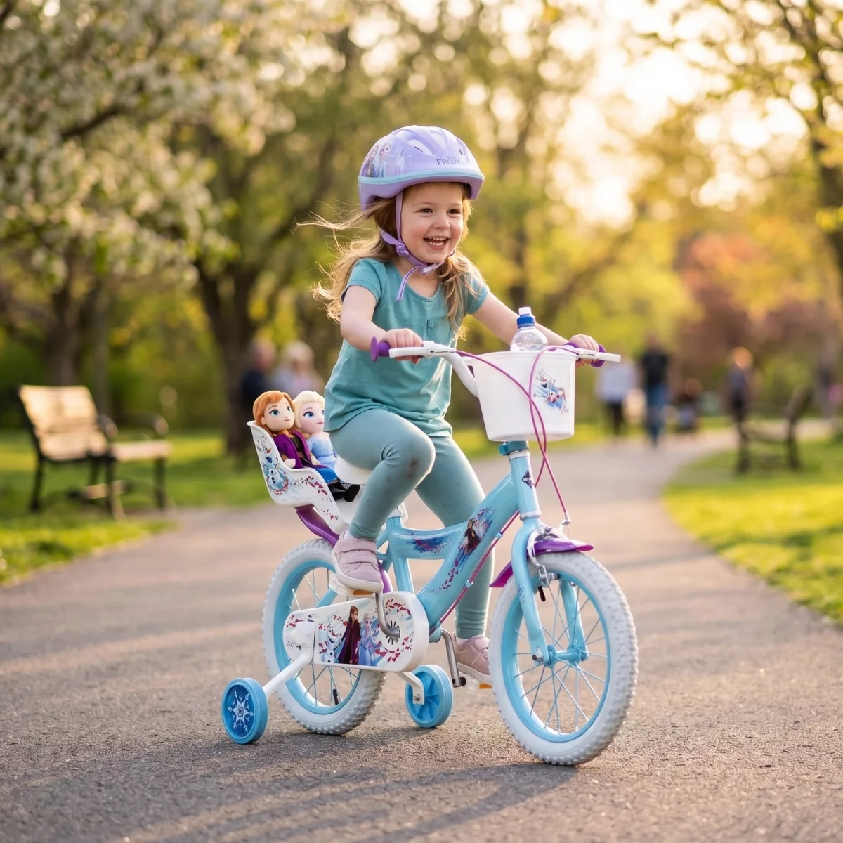Детски велосипед 14 инча Frozen Huffy с помощни колела каране в парк от дете 4 5 години