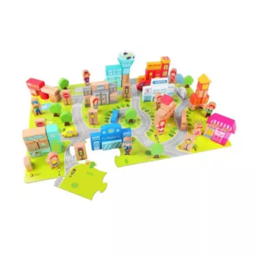 Дървен конструктор градски център с фигури и сгради Classic World 120 части цветен 3+