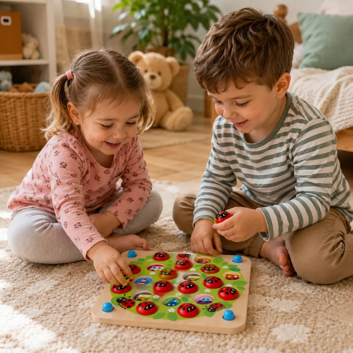 Деца играят настолна игра за памет Калинки Tooky Toy с дървени калинки