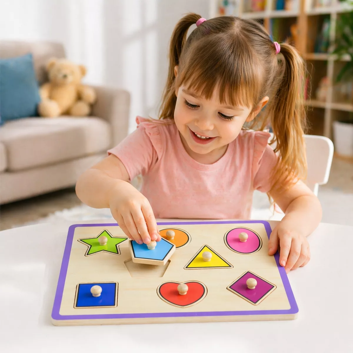 Детски пъзел с геометрични форми Viga Toys дървен с дръжки за обучение
