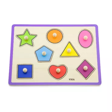 Дървен пъзел геометрични форми Viga Toys цветни фигури с дръжки за деца