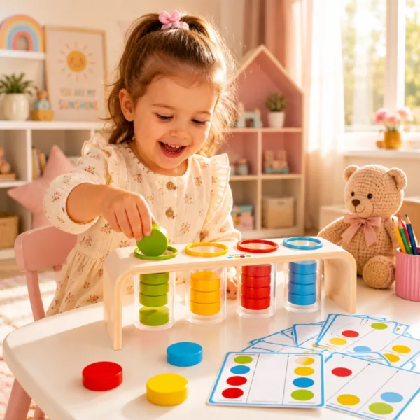 Дете играе с образователна игра за сортиране по цветове Essentiel от дърво