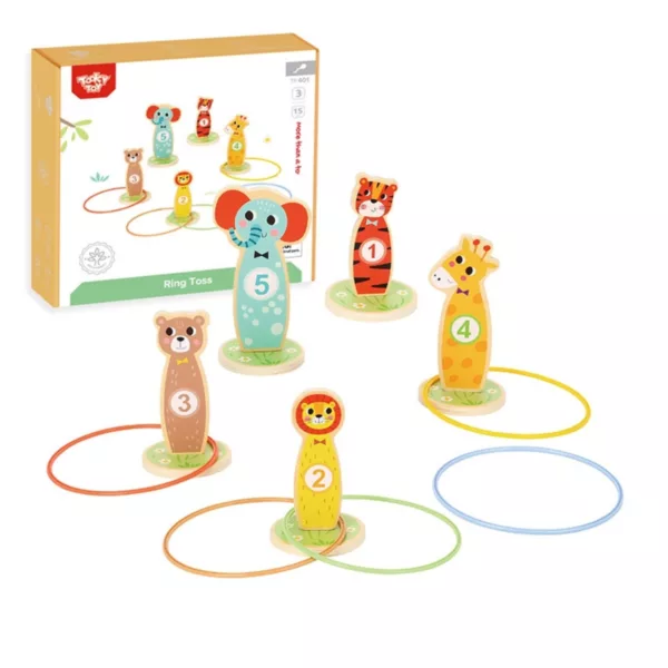 Комплект дървени сафари животни и рингове до кутията, образователна игра Tooky Toy, за деца