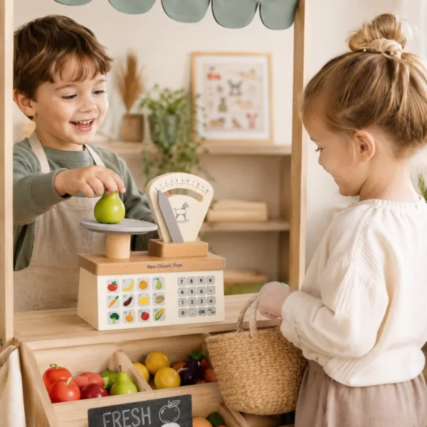 Дървен детски кантар New Classic Toys за магазин и ролеви игри над 3 години