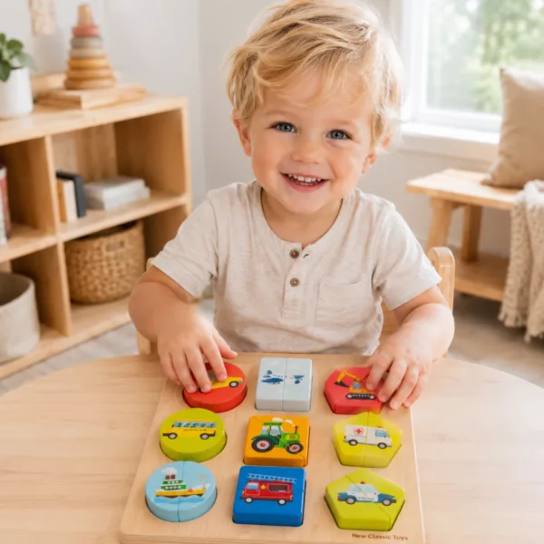 Момче играе с дървен пъзел от 2 части Превозни средства New Classic Toys