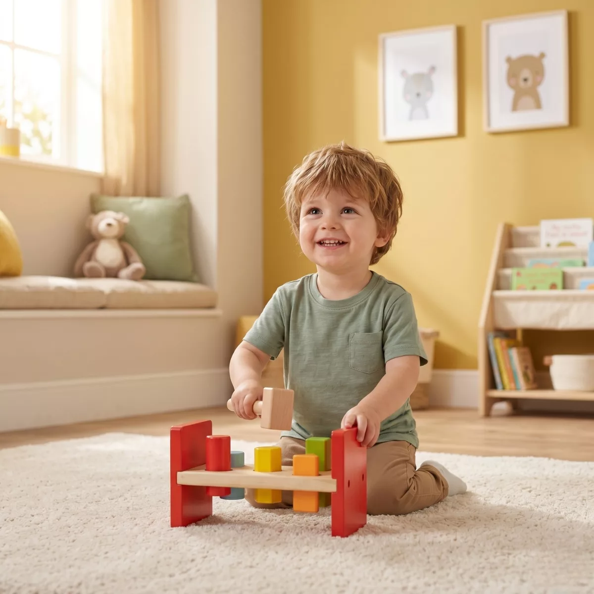 Момче играе с дървена играчка с чукче в детска стая 12м+