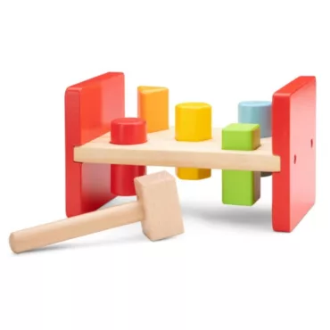 Дървена игра с чукче New Classic Toys с цветни цилиндри и кубчета 12м+