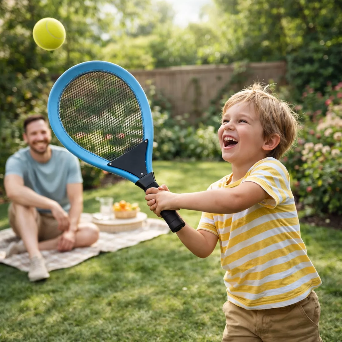Дете играе с ракета за тенис Jolly в градина с топка детска игра навън