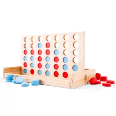 Стратегическа дървена игра Четири в редица с червени и сини пулове