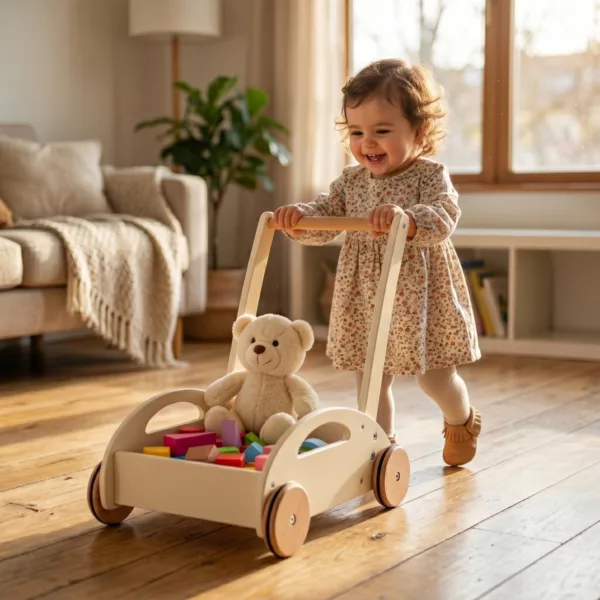 Дървена проходилка уокър с конструктор New Classic Toys в бял цвят за бебе 1+