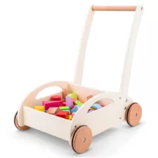 Бяла дървена проходилка уокър New Classic Toys с цветни кубчета за прохождане 1+
