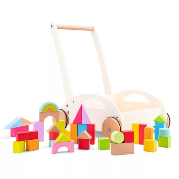 Дървена проходилка уокър с цветен конструктор New Classic Toys за строене и прохождане 1+
