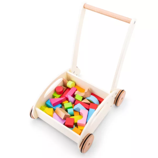 Дървена проходилка уокър New Classic Toys с бели страни и цветни дървени кубчета 1+