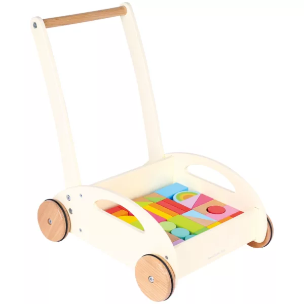 Дървена проходилка уокър New Classic Toys с подреден цветен конструктор за бебе 1+