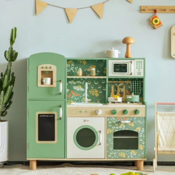 Детска дървена кухня Classic World Винтидж зелена с флорални мотиви