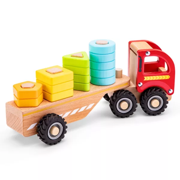 Дървено камионче New Classic Toys с цветни рингове и червена кабина