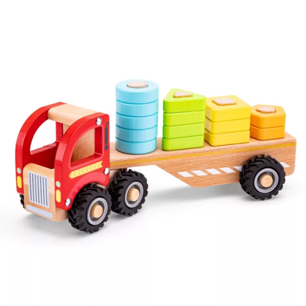 Дървено камионче за сортиране с жълти, зелени и сини рингове New Classic Toys