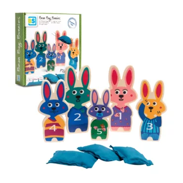 Дървена игра за точност Зайчета с цветни фигури и торбички 3+