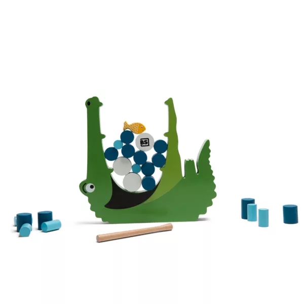 Образователна игра за баланс Крокодил дървена със сини цилиндри 4+