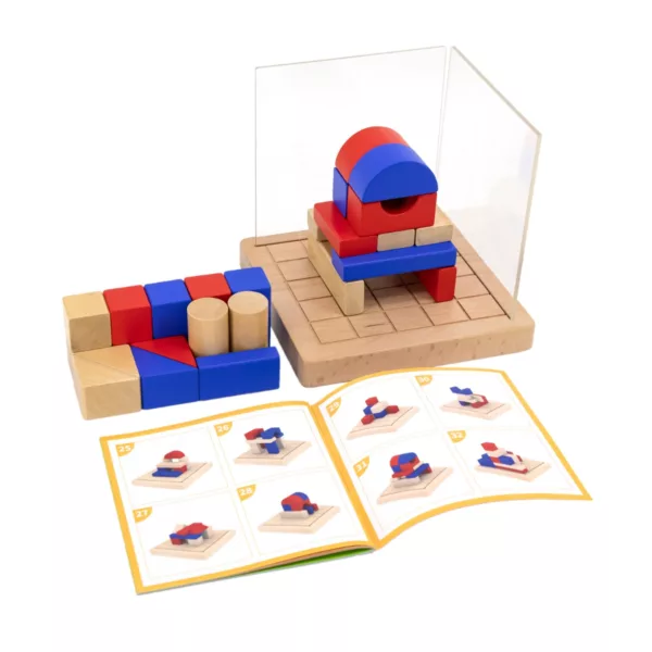 Дървена логическа игра 3D композиции Viga Toys с блокчета и моделни карти за деца