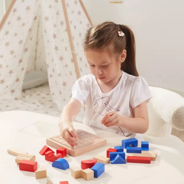 Дървена логическа игра 3D композиции Viga Toys с прозрачна рамка и блокчета за деца