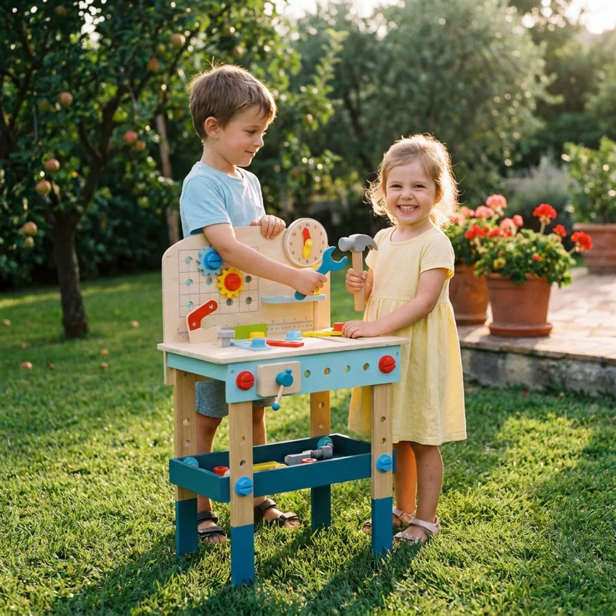 Деца играят с дървена работилница Tooky Toy и инструменти над 3 години