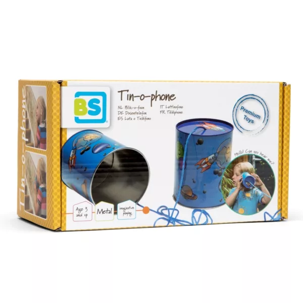 Детска играчка телефон от консервени кутии син метал в кутия 3+
