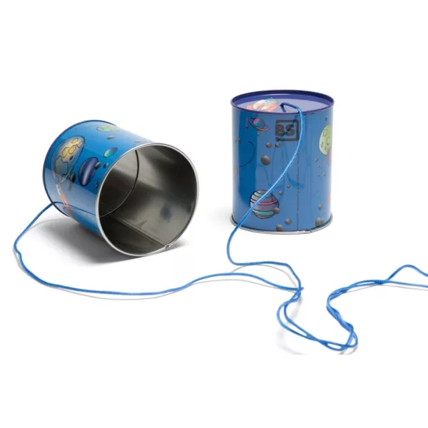 Детска играчка телефон от консервени кутии син метал космос 3+