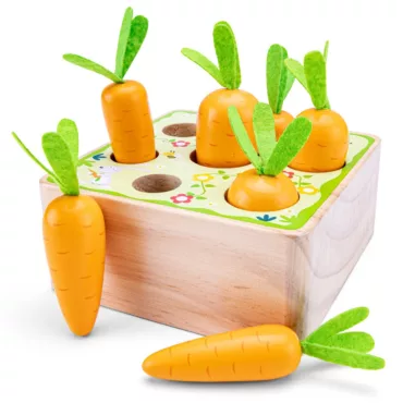 Дървен сортер New Classic Toys с оранжеви моркови в различни размери от 18 месеца