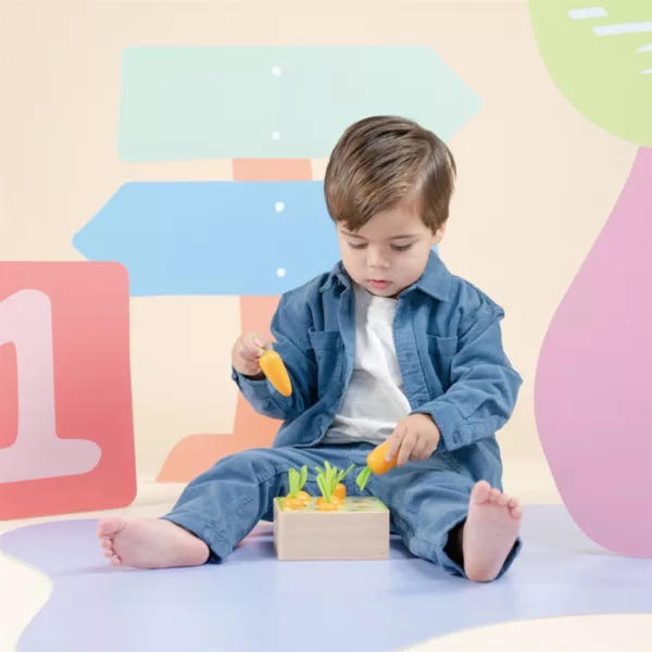 Дете сортира дървени моркови New Classic Toys по размер и подходящ отвор