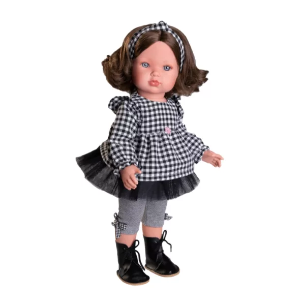 Кукла Белла стояща с карирана блуза и черна тюлена пола за игра