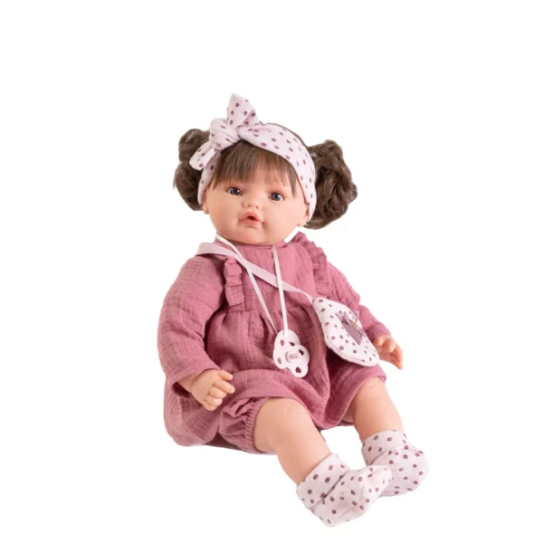 Кукла Бебче Бени с точкована лента за коса, розова рокля и чантичка на точки